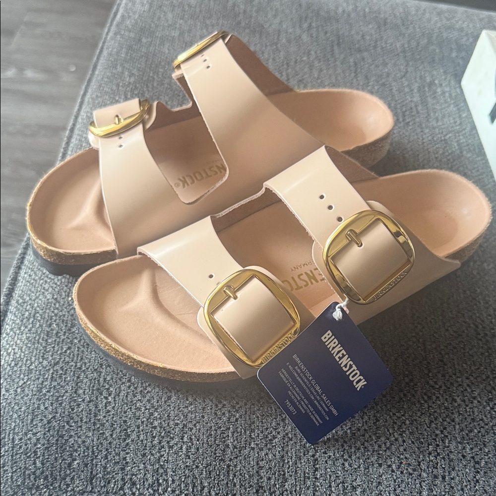 Birkenstock Beige Sandals with Gold Buckles